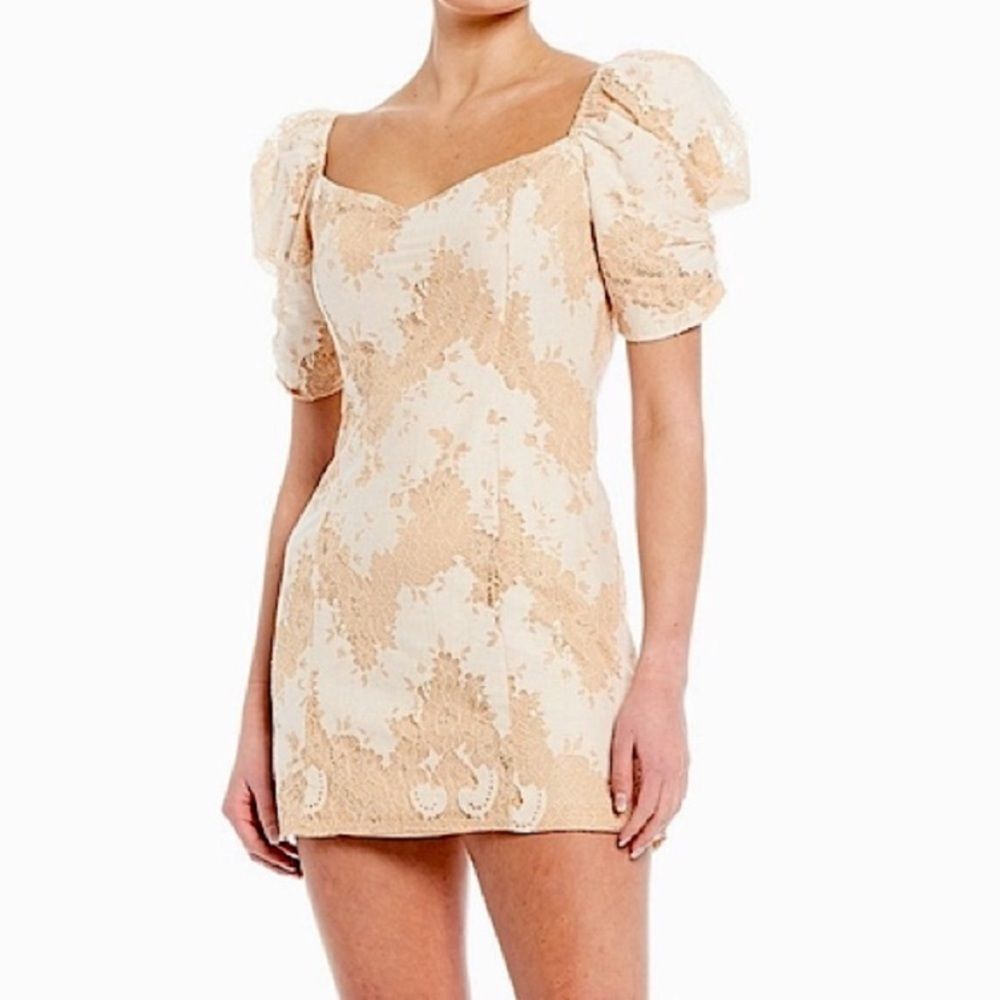 Tan and Cream Fall Puff Sleeve Mini Lace Dress